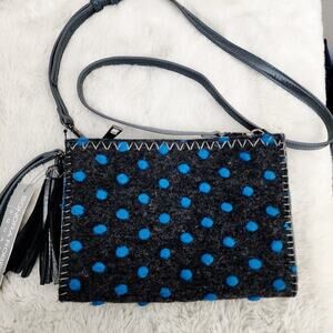 Sondra Roberts NWT Felt Pompom Clutch Crossbody Bag Grey Blue Polka Dot Wool